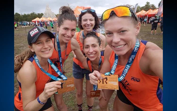 Kara Bonneau, far right, competed in the Ragnar Sprint from Pompano Beach to Virginia Key Beach in Florida with four friends. Photo courtesy of Kara Bonneau.