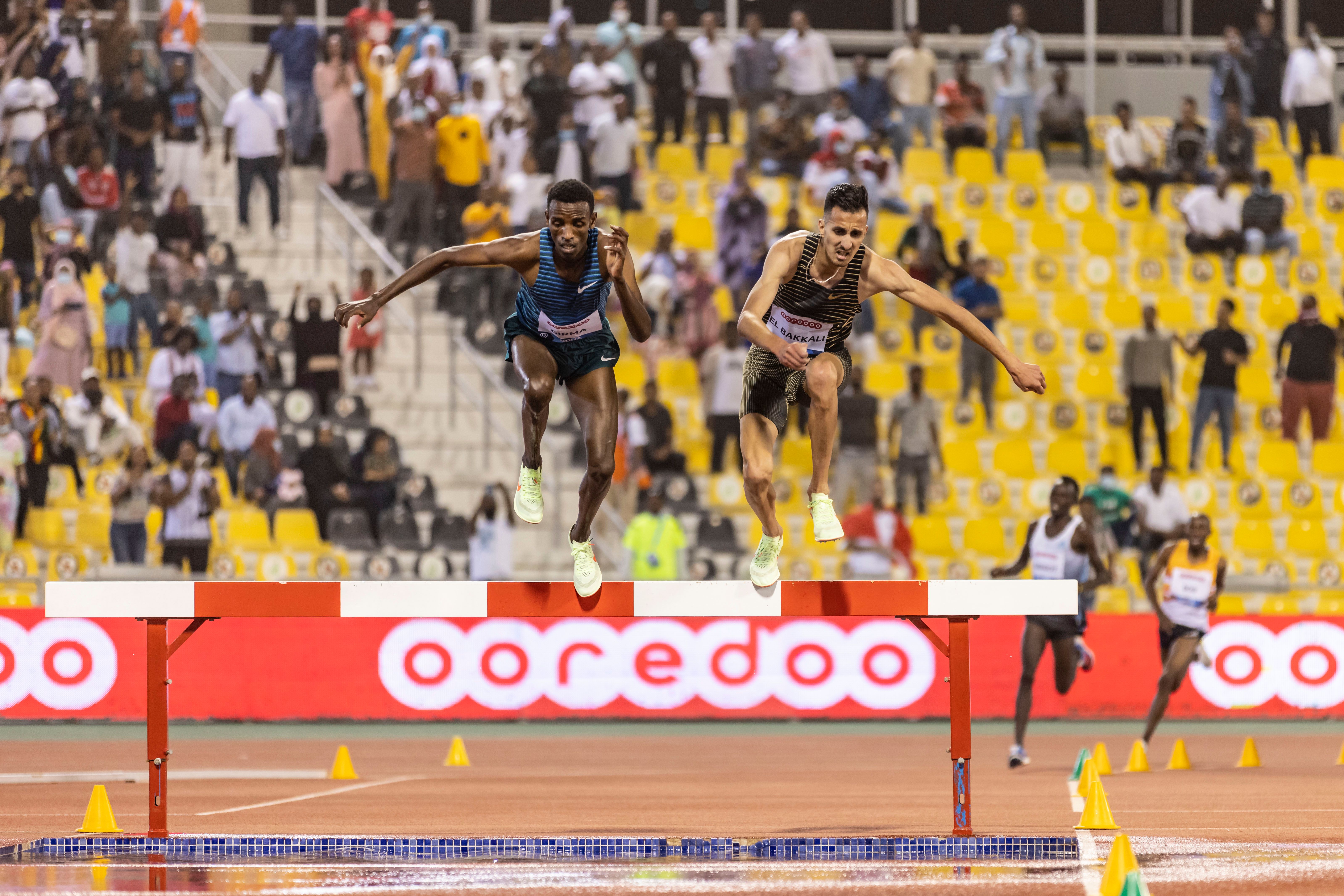 Soufiane El Bakkali and Lamecha Girma battle in the Doha Diamond League 3000m steeplechase